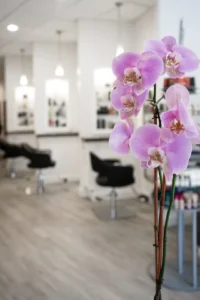 - Ibi David Salon in Westlake, OH A close-up of pink orchids in the foreground with empty salon chairs and mirrors in a modern, well-lit hair salon in the background. - Ibi David Salon in Westlake, OH